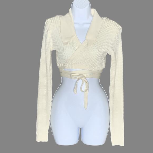 DANIELLE BERNSTEIN L NEW Knit Wrap Top Ivory Cableknit Crisscross - Picture 2 of 9